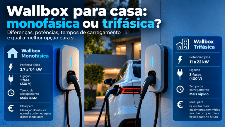 Comparação entre wallbox monofásica (3,7 a 7,4 kW, 230 V) e trifásica (11 a 22 kW, 400 V), com um carro elétrico a carregar ao centro