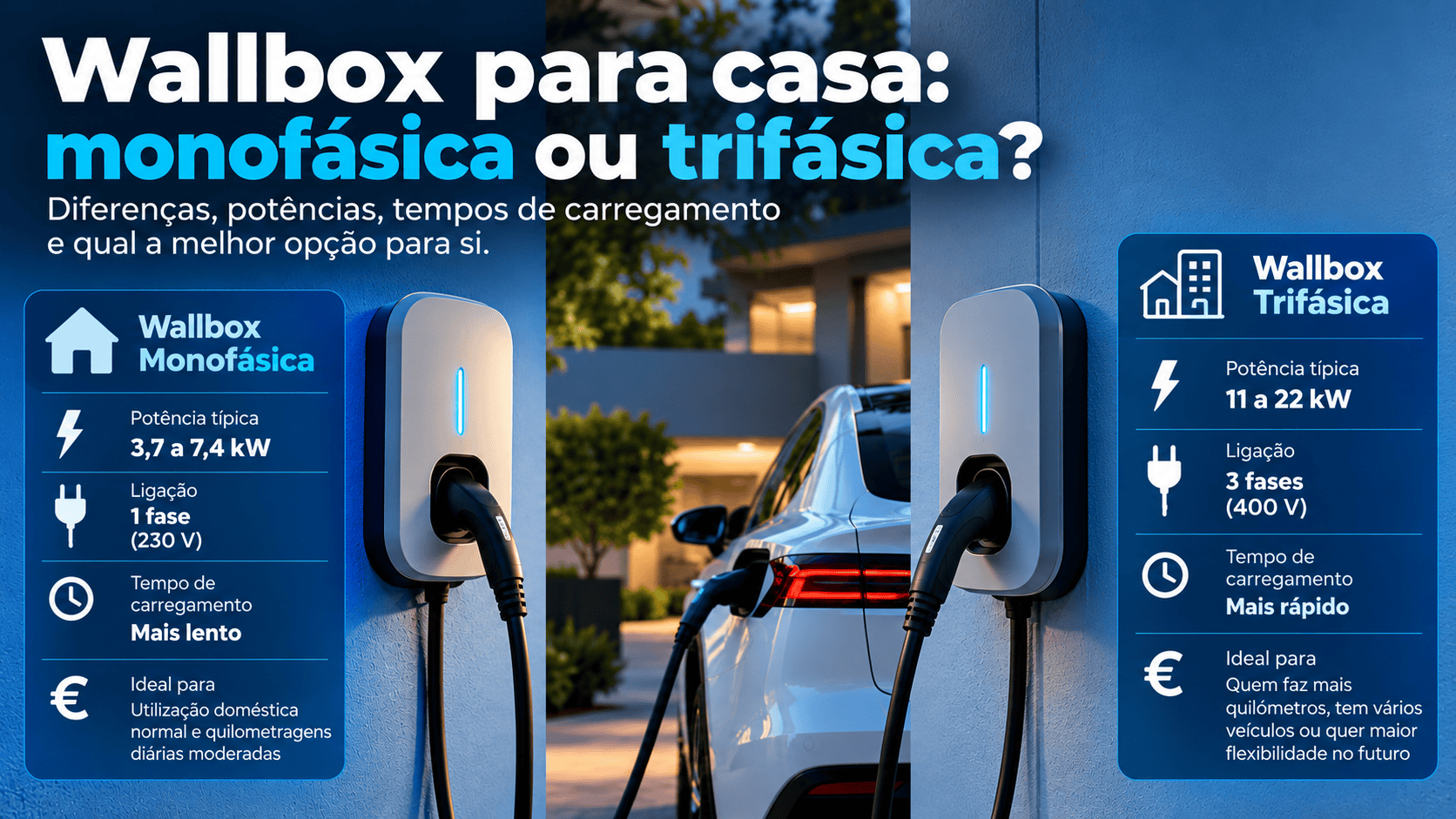 Comparação entre wallbox monofásica (3,7 a 7,4 kW, 230 V) e trifásica (11 a 22 kW, 400 V), com um carro elétrico a carregar ao centro
